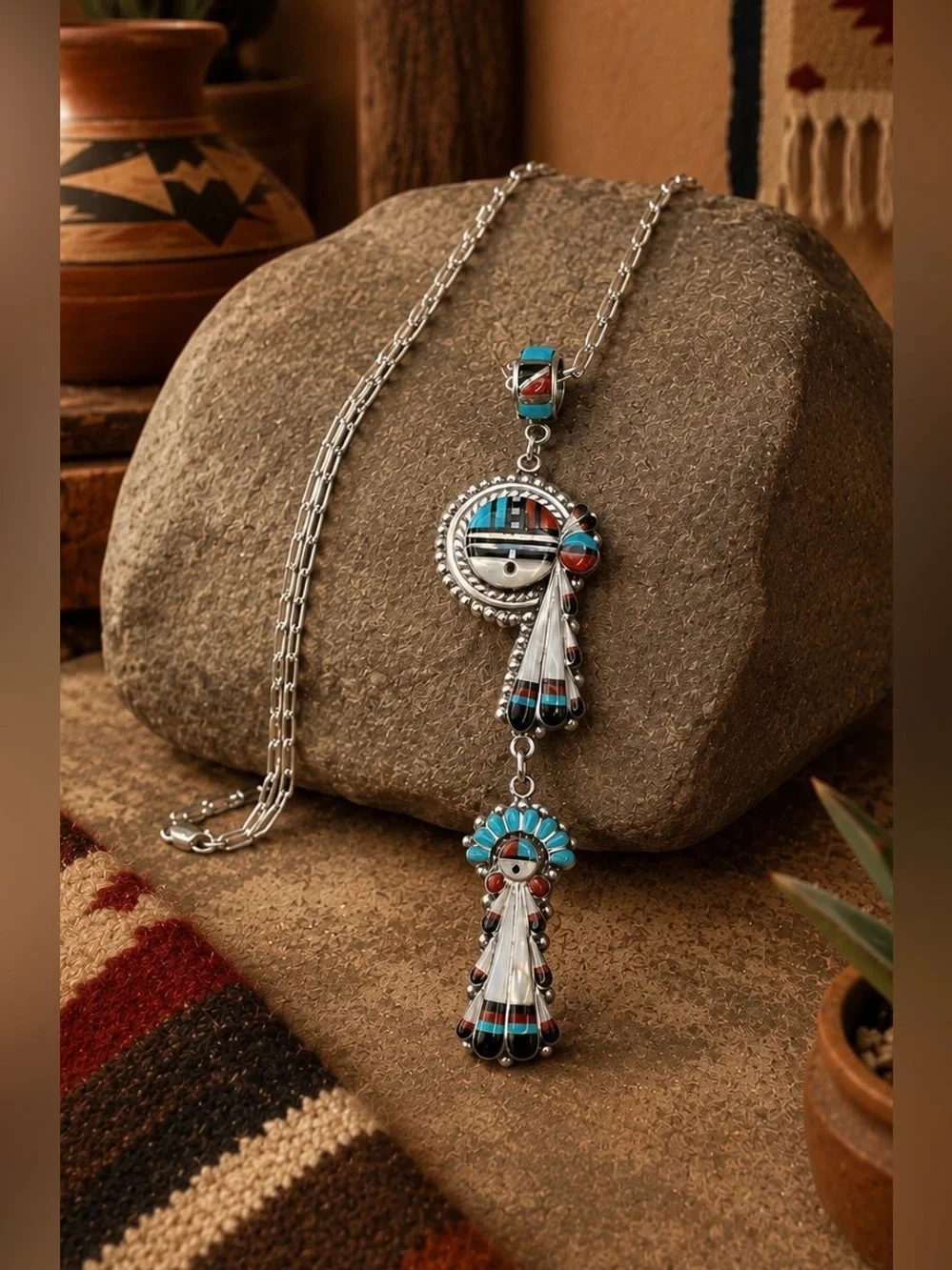Ruth Lonjose Zuni Sterling Silver Turquoise Multi Stone Sunface Pendant Necklace